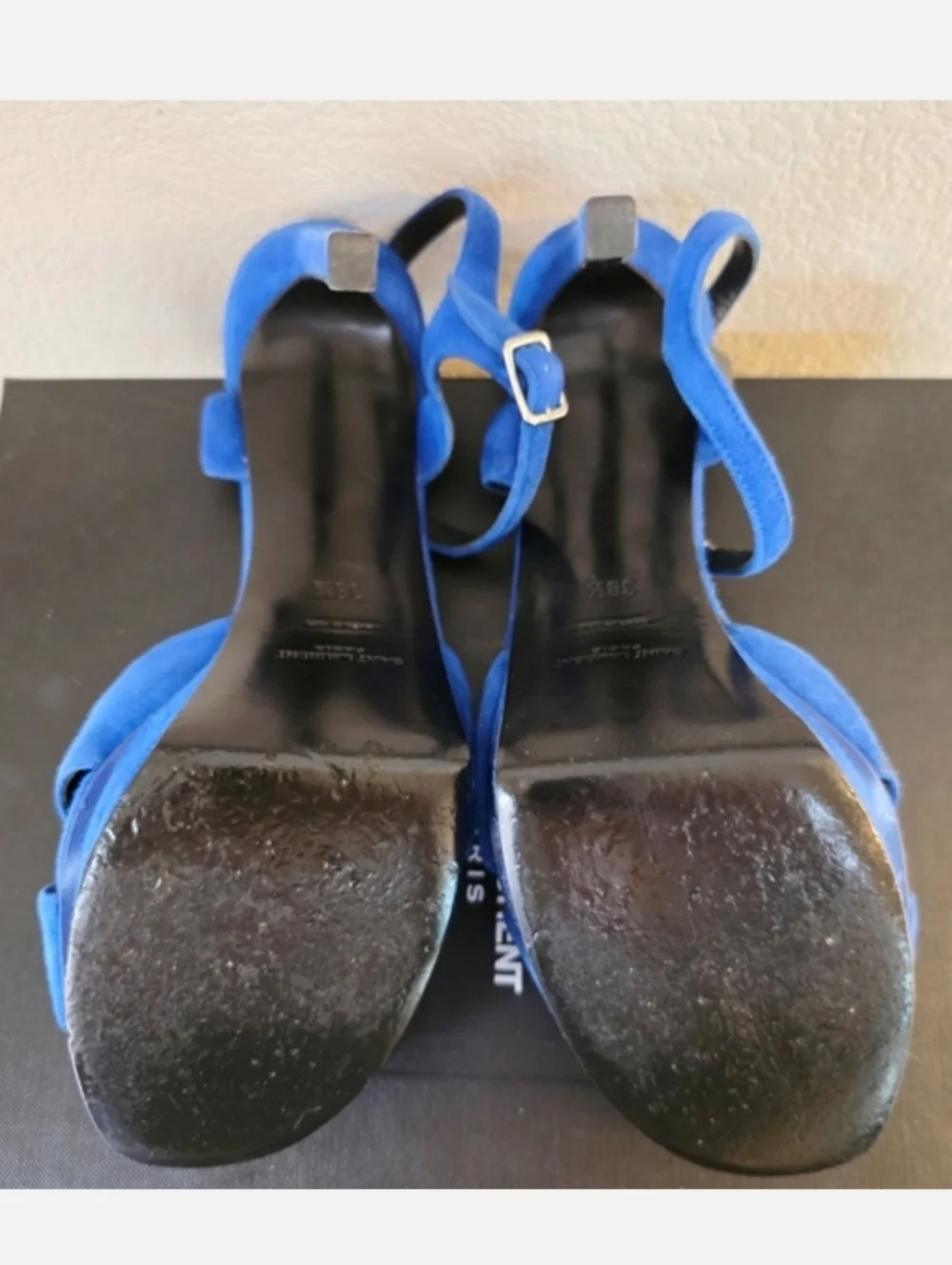 YSL Saint Laurent Blue Suede Platform Stiletto Ankle Strap Heels EU 38.5 / US 8 - Picture 11 of 13